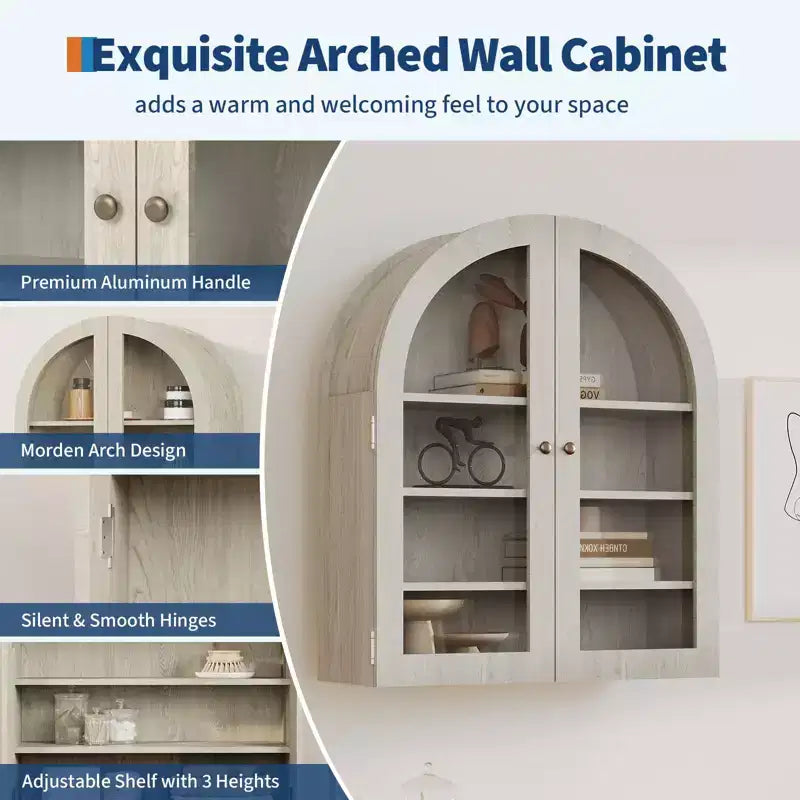 Meuble mural arqué avec portes vitrées et étagères réglables, Armoire de rangement murale pour salle de bain, cuisine, buanderie