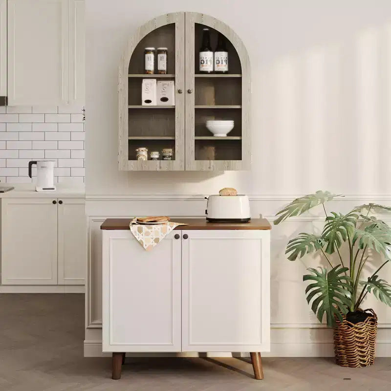Meuble mural arqué avec portes vitrées et étagères réglables, Armoire de rangement murale pour salle de bain, cuisine, buanderie