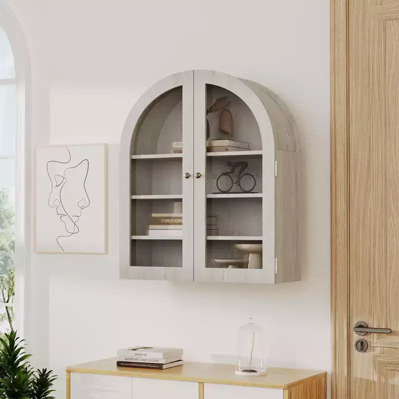 Meuble mural arqué avec portes vitrées et étagères réglables, Armoire de rangement murale pour salle de bain, cuisine, buanderie