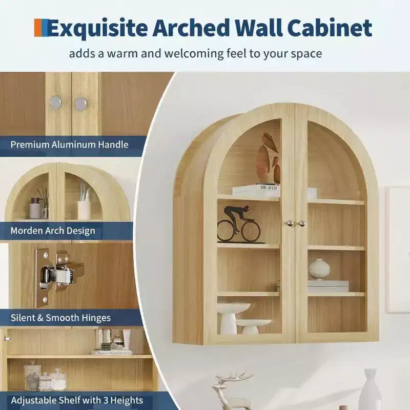 Meuble mural arqué avec portes vitrées et étagères réglables, Armoire de rangement murale pour salle de bain, cuisine, buanderie