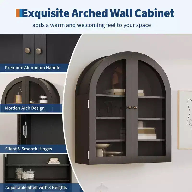 Meuble mural arqué avec portes vitrées et étagères réglables, Armoire de rangement murale pour salle de bain, cuisine, buanderie