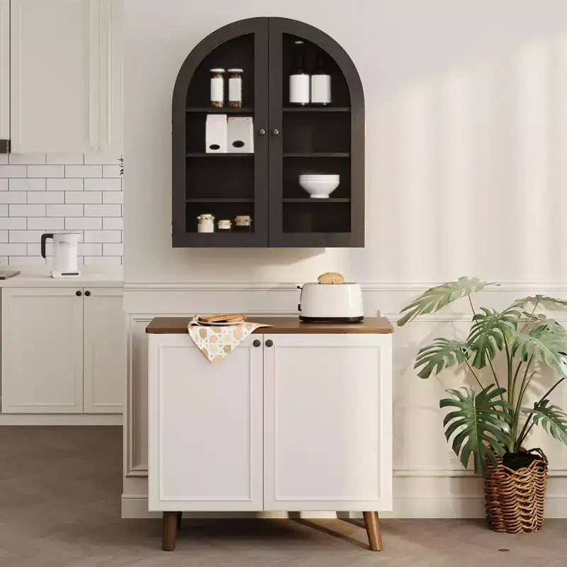 Meuble mural arqué avec portes vitrées et étagères réglables, Armoire de rangement murale pour salle de bain, cuisine, buanderie