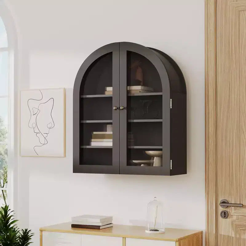 Meuble mural arqué avec portes vitrées et étagères réglables, Armoire de rangement murale pour salle de bain, cuisine, buanderie
