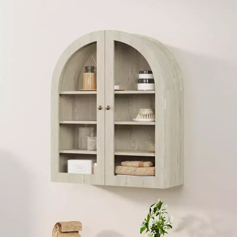 Meuble mural arqué avec portes vitrées et étagères réglables, Armoire de rangement murale pour salle de bain, cuisine, buanderie