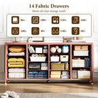 Commode à 14 tiroirs, Meuble TV en tissu noir de 160 cm avec prise de courant pour téléviseur de 65, 70, 75 pouces, Long centre de divertissement pour chambre à coucher, placard