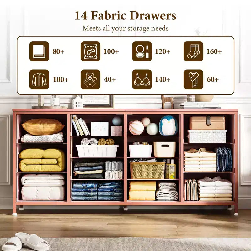 Commode à 14 tiroirs, Meuble TV en tissu noir de 160 cm avec prise de courant pour téléviseur de 65, 70, 75 pouces, Long centre de divertissement pour chambre à coucher, placard