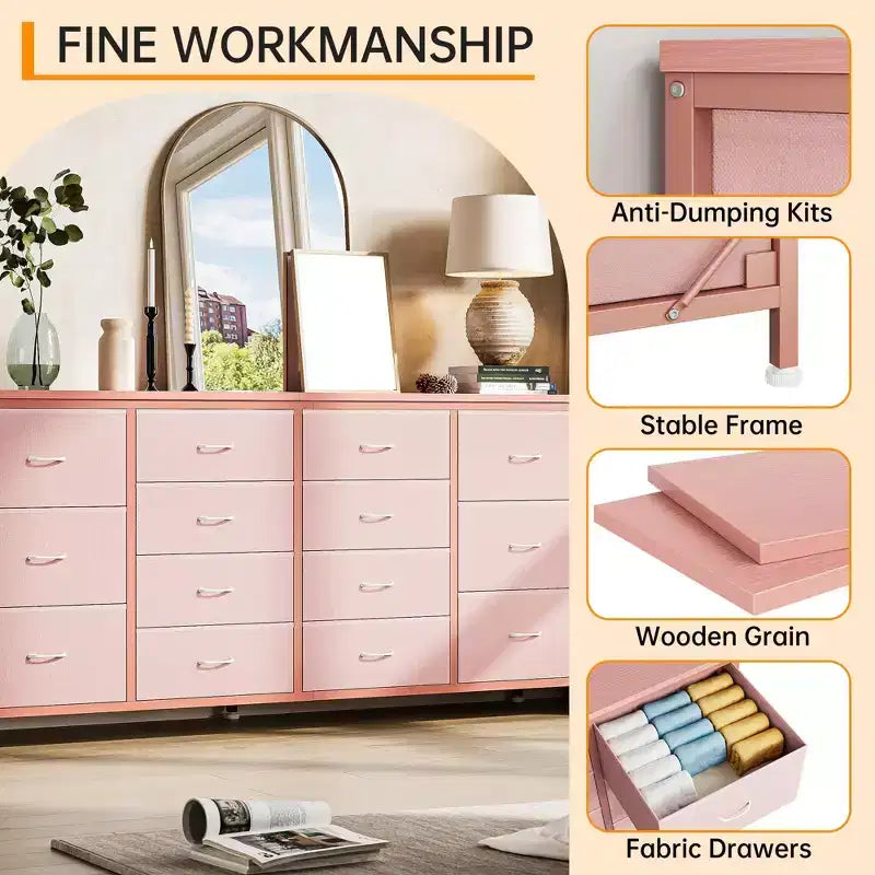 Commode à 14 tiroirs, Meuble TV en tissu noir de 160 cm avec prise de courant pour téléviseur de 65, 70, 75 pouces, Long centre de divertissement pour chambre à coucher, placard