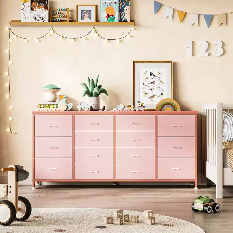 Commode à 14 tiroirs, Meuble TV en tissu noir de 160 cm avec prise de courant pour téléviseur de 65, 70, 75 pouces, Long centre de divertissement pour chambre à coucher, placard