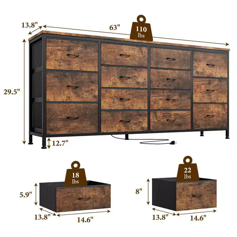 Commode à 14 tiroirs, Meuble TV en tissu noir de 160 cm avec prise de courant pour téléviseur de 65, 70, 75 pouces, Long centre de divertissement pour chambre à coucher, placard