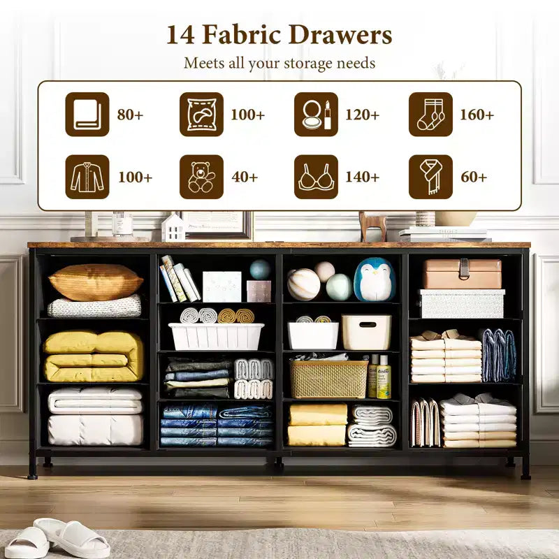 Commode à 14 tiroirs, Meuble TV en tissu noir de 160 cm avec prise de courant pour téléviseur de 65, 70, 75 pouces, Long centre de divertissement pour chambre à coucher, placard