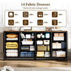 Commode à 14 tiroirs, Meuble TV en tissu noir de 160 cm avec prise de courant pour téléviseur de 65, 70, 75 pouces, Long centre de divertissement pour chambre à coucher, placard