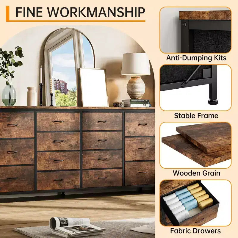 Commode à 14 tiroirs, Meuble TV en tissu noir de 160 cm avec prise de courant pour téléviseur de 65, 70, 75 pouces, Long centre de divertissement pour chambre à coucher, placard