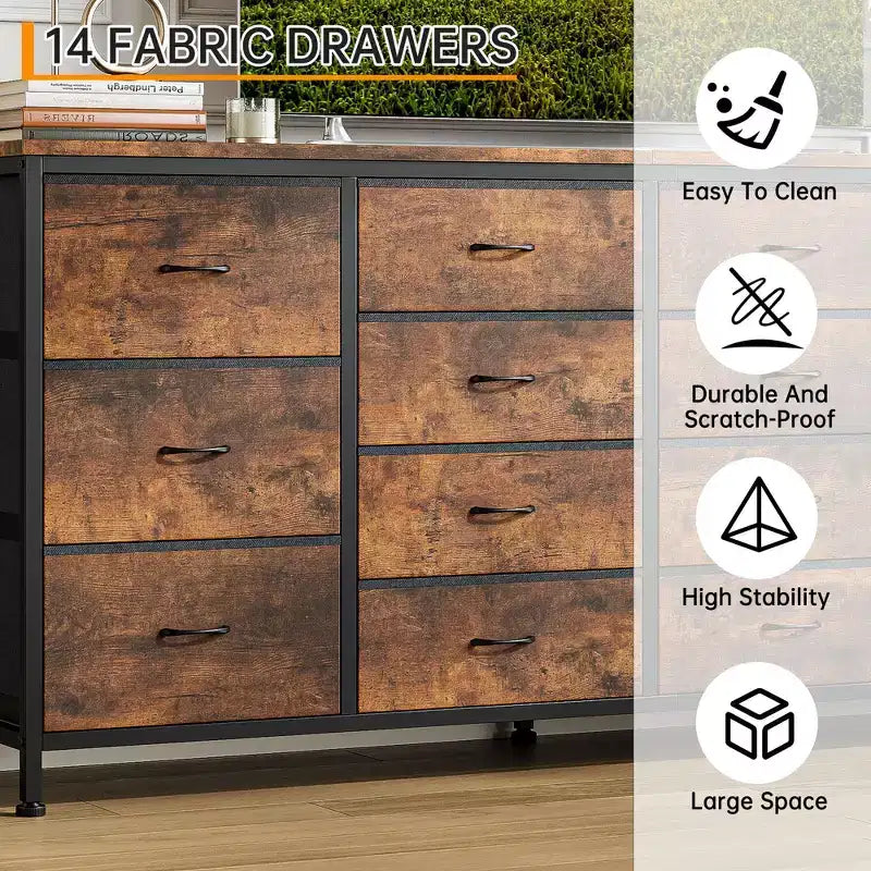 Commode à 14 tiroirs, Meuble TV en tissu noir de 160 cm avec prise de courant pour téléviseur de 65, 70, 75 pouces, Long centre de divertissement pour chambre à coucher, placard