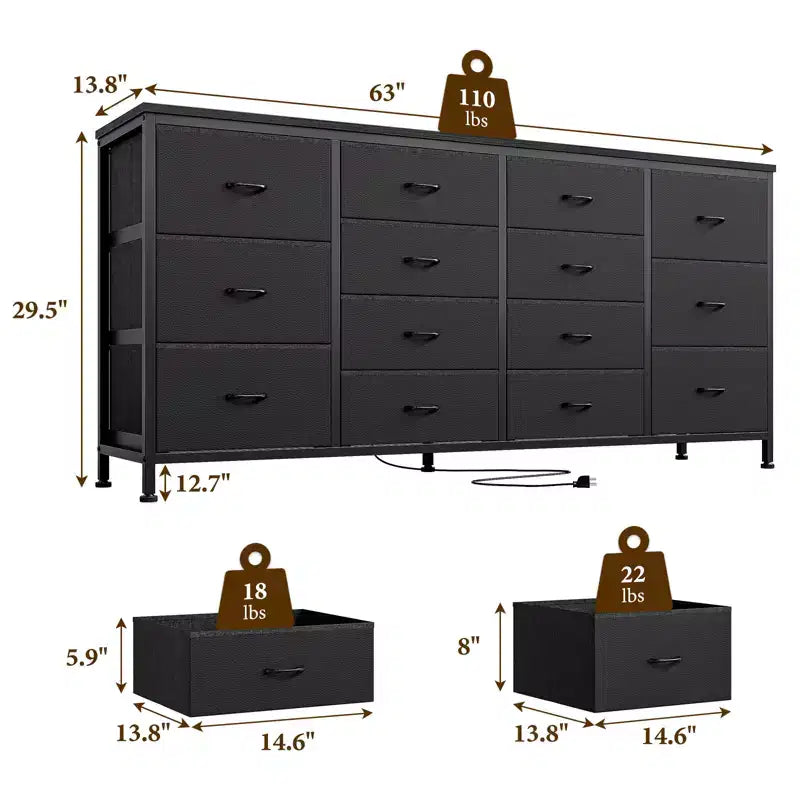 Commode à 14 tiroirs, Meuble TV en tissu noir de 160 cm avec prise de courant pour téléviseur de 65, 70, 75 pouces, Long centre de divertissement pour chambre à coucher, placard