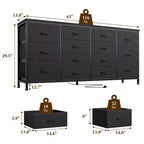 Commode à 14 tiroirs, Meuble TV en tissu noir de 160 cm avec prise de courant pour téléviseur de 65, 70, 75 pouces, Long centre de divertissement pour chambre à coucher, placard