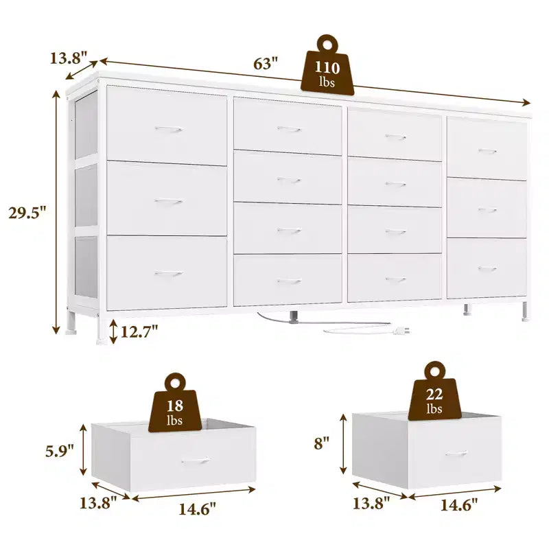 Commode à 14 tiroirs, Meuble TV en tissu noir de 160 cm avec prise de courant pour téléviseur de 65, 70, 75 pouces, Long centre de divertissement pour chambre à coucher, placard