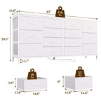 Commode à 14 tiroirs, Meuble TV en tissu noir de 160 cm avec prise de courant pour téléviseur de 65, 70, 75 pouces, Long centre de divertissement pour chambre à coucher, placard