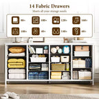 Commode à 14 tiroirs, Meuble TV en tissu noir de 160 cm avec prise de courant pour téléviseur de 65, 70, 75 pouces, Long centre de divertissement pour chambre à coucher, placard