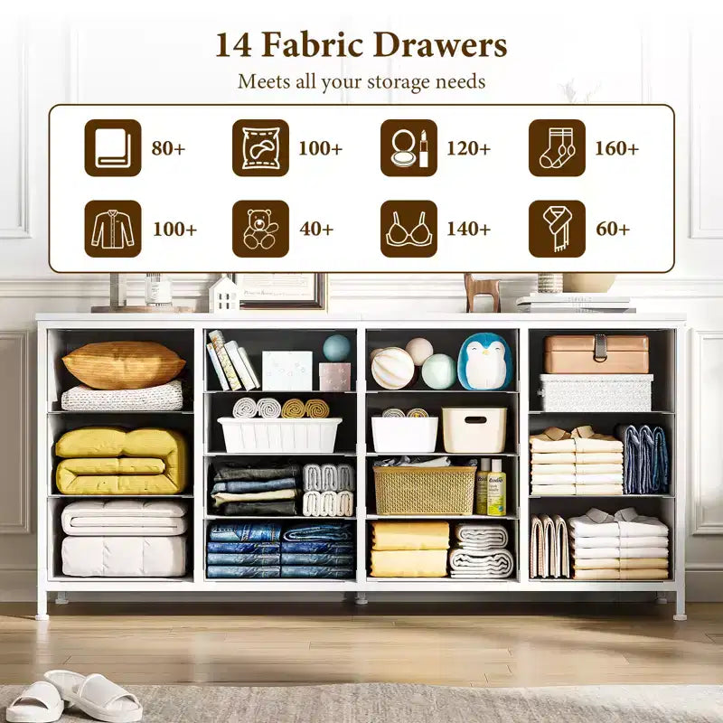 Commode à 14 tiroirs, Meuble TV en tissu noir de 160 cm avec prise de courant pour téléviseur de 65, 70, 75 pouces, Long centre de divertissement pour chambre à coucher, placard
