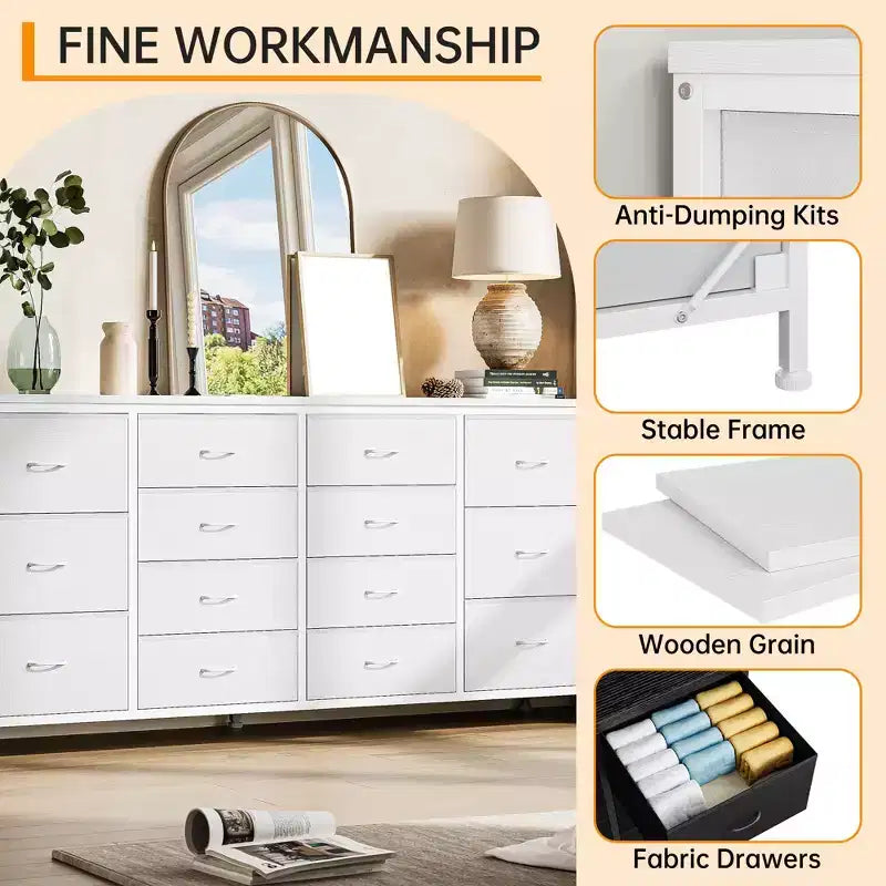 Commode à 14 tiroirs, Meuble TV en tissu noir de 160 cm avec prise de courant pour téléviseur de 65, 70, 75 pouces, Long centre de divertissement pour chambre à coucher, placard