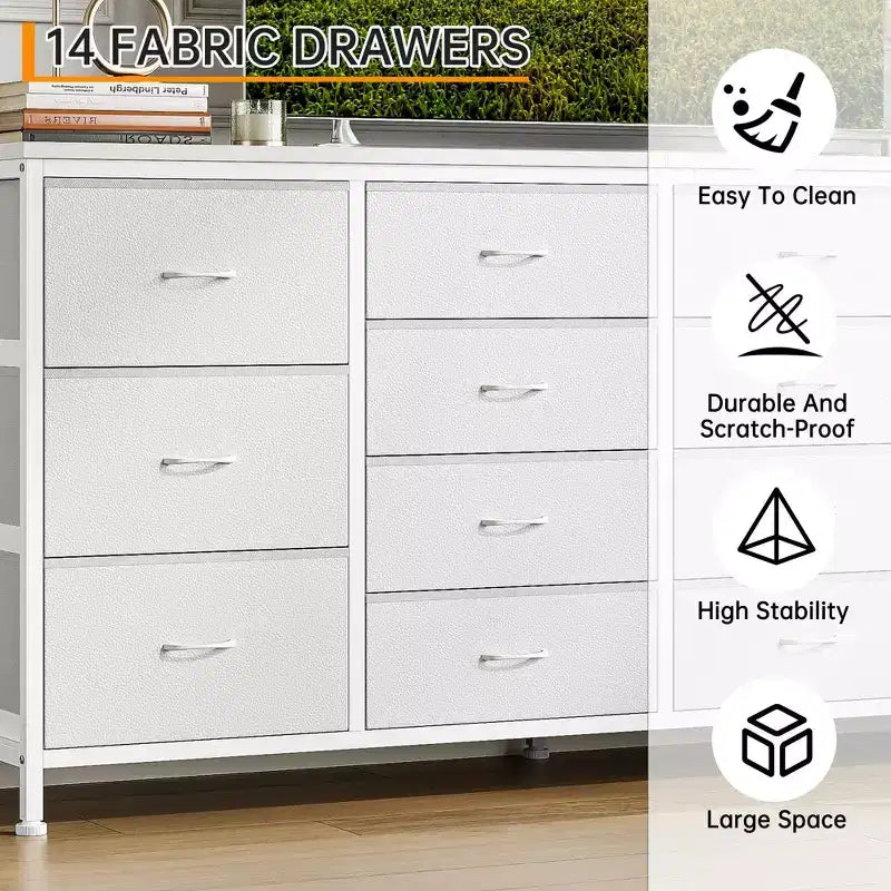 Commode à 14 tiroirs, Meuble TV en tissu noir de 160 cm avec prise de courant pour téléviseur de 65, 70, 75 pouces, Long centre de divertissement pour chambre à coucher, placard