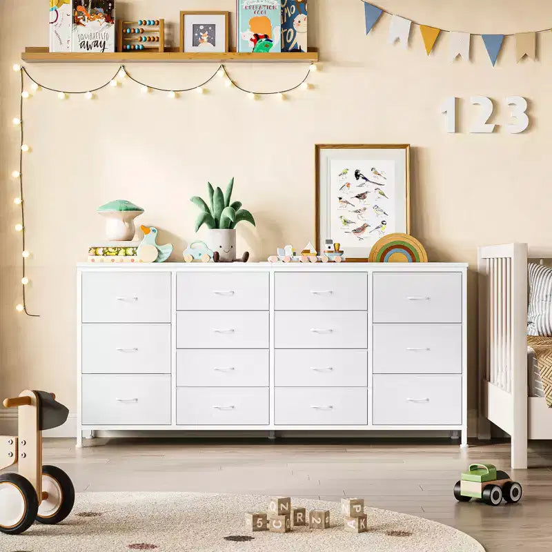 Commode à 14 tiroirs, Meuble TV en tissu noir de 160 cm avec prise de courant pour téléviseur de 65, 70, 75 pouces, Long centre de divertissement pour chambre à coucher, placard