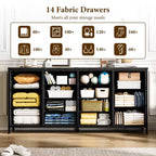 Commode à 14 tiroirs, Meuble TV en tissu noir de 160 cm avec prise de courant pour téléviseur de 65, 70, 75 pouces, Long centre de divertissement pour chambre à coucher, placard