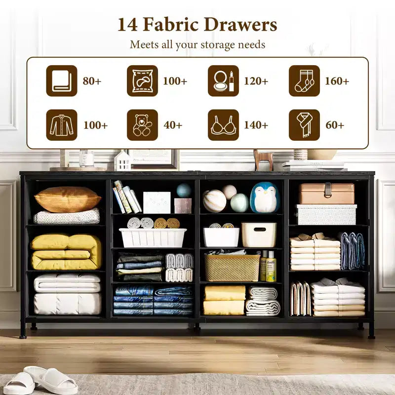 Commode à 14 tiroirs, Meuble TV en tissu noir de 160 cm avec prise de courant pour téléviseur de 65, 70, 75 pouces, Long centre de divertissement pour chambre à coucher, placard