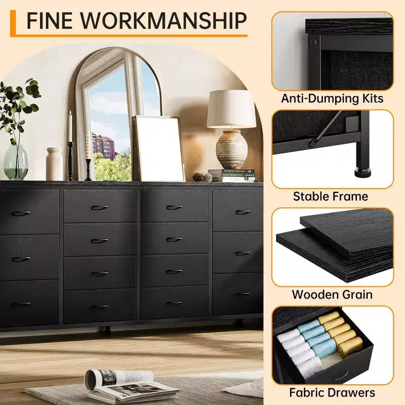 Commode à 14 tiroirs, Meuble TV en tissu noir de 160 cm avec prise de courant pour téléviseur de 65, 70, 75 pouces, Long centre de divertissement pour chambre à coucher, placard