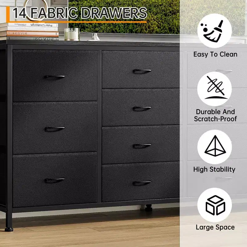 Commode à 14 tiroirs, Meuble TV en tissu noir de 160 cm avec prise de courant pour téléviseur de 65, 70, 75 pouces, Long centre de divertissement pour chambre à coucher, placard