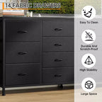 Commode à 14 tiroirs, Meuble TV en tissu noir de 160 cm avec prise de courant pour téléviseur de 65, 70, 75 pouces, Long centre de divertissement pour chambre à coucher, placard
