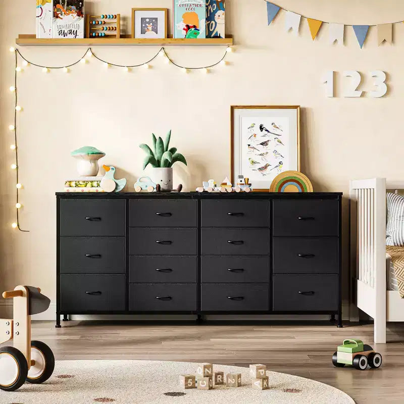 Commode à 14 tiroirs, Meuble TV en tissu noir de 160 cm avec prise de courant pour téléviseur de 65, 70, 75 pouces, Long centre de divertissement pour chambre à coucher, placard