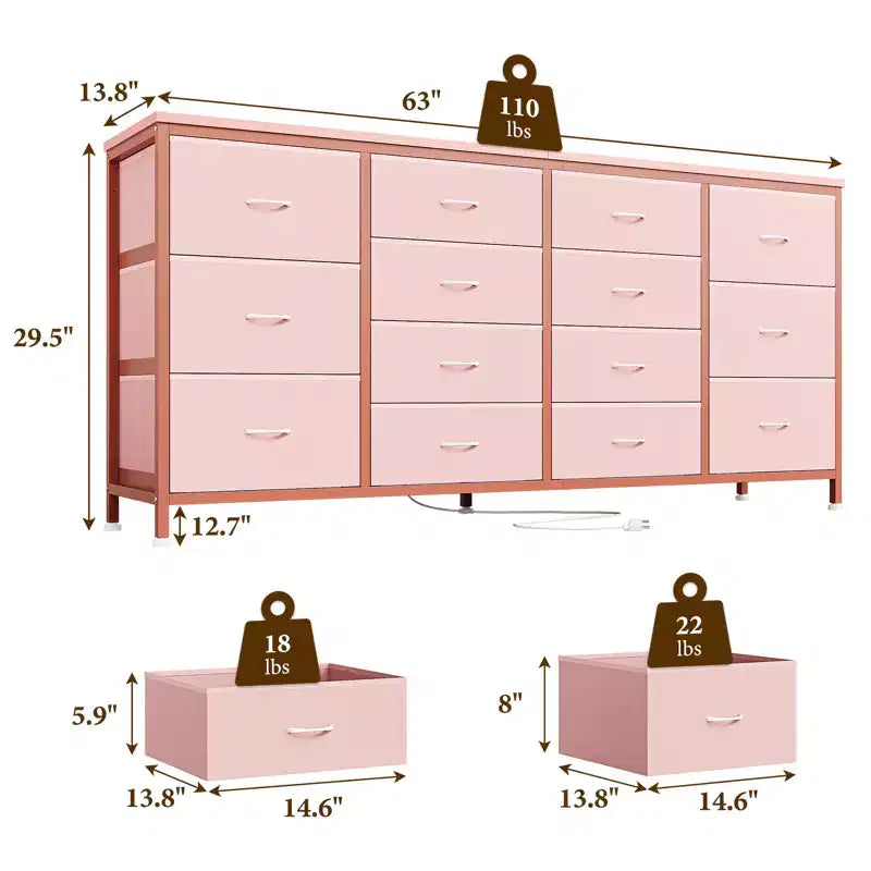 Commode à 14 tiroirs, Meuble TV en tissu noir de 160 cm avec prise de courant pour téléviseur de 65, 70, 75 pouces, Long centre de divertissement pour chambre à coucher, placard