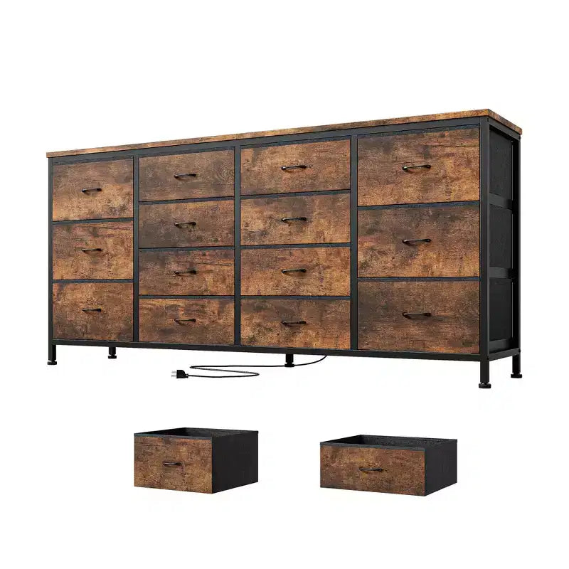Commode à 14 tiroirs, Meuble TV en tissu noir de 160 cm avec prise de courant pour téléviseur de 65, 70, 75 pouces, Long centre de divertissement pour chambre à coucher, placard