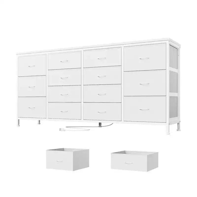 Commode à 14 tiroirs, Meuble TV en tissu noir de 160 cm avec prise de courant pour téléviseur de 65, 70, 75 pouces, Long centre de divertissement pour chambre à coucher, placard