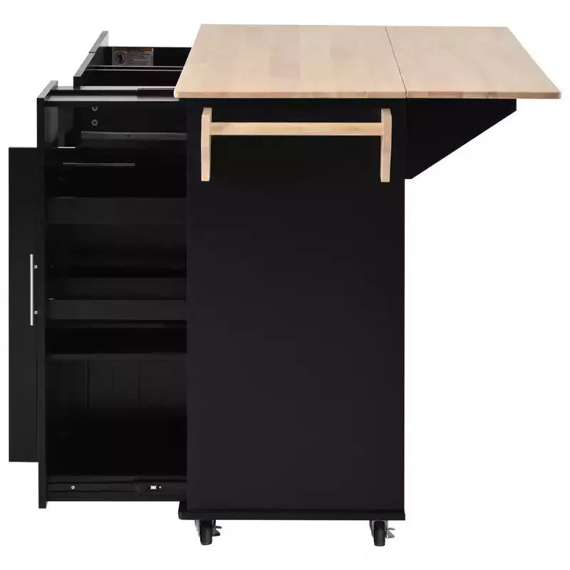 Îlot de cuisine avec abattant, organisateur d'armoire coulissant à 3 niveaux, chariot de cuisine roulant sur roulettes avec porte-serviettes, 2 tiroirs, noir
