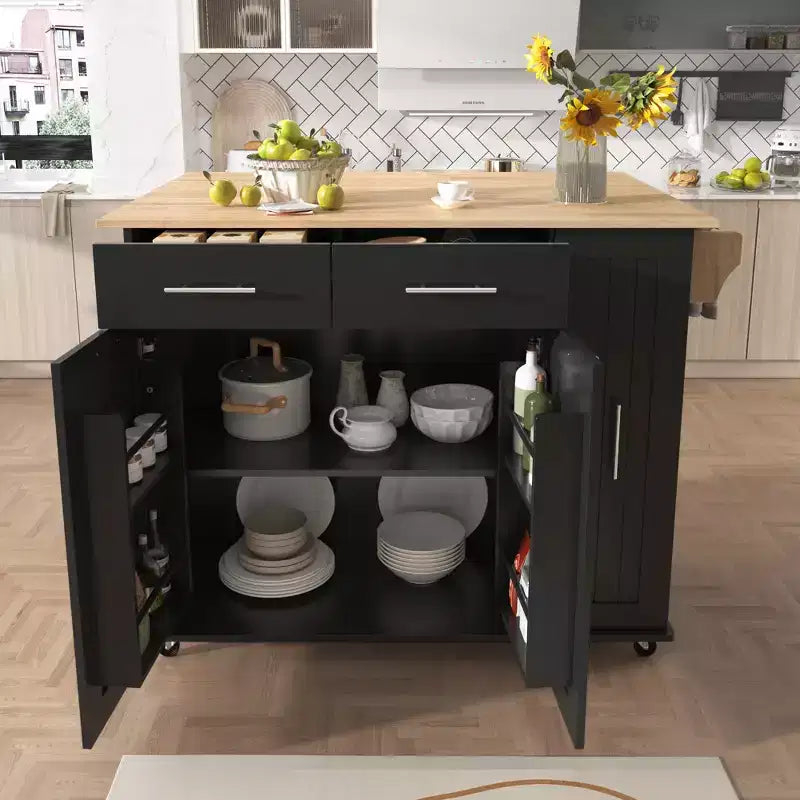 Îlot de cuisine avec abattant, organisateur d'armoire coulissant à 3 niveaux, chariot de cuisine roulant sur roulettes avec porte-serviettes, 2 tiroirs, noir