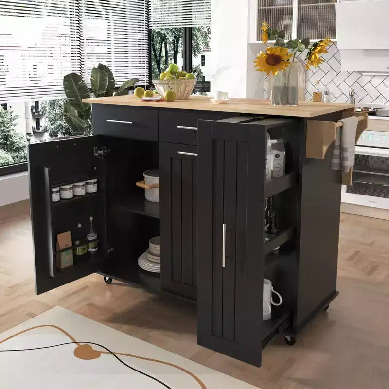 Îlot de cuisine avec abattant, organisateur d'armoire coulissant à 3 niveaux, chariot de cuisine roulant sur roulettes avec porte-serviettes, 2 tiroirs, noir