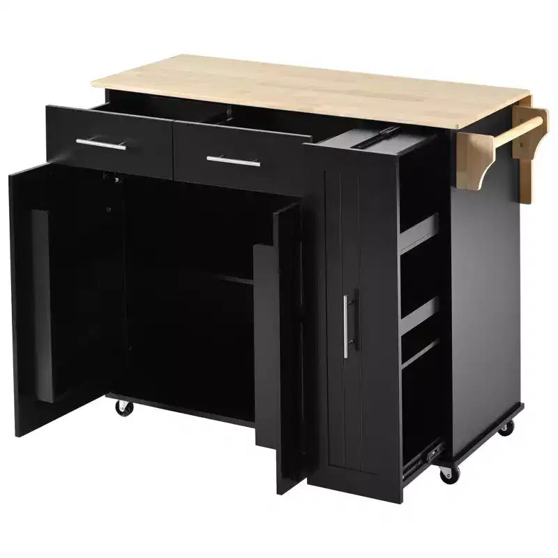 Îlot de cuisine avec abattant, organisateur d'armoire coulissant à 3 niveaux, chariot de cuisine roulant sur roulettes avec porte-serviettes, 2 tiroirs, noir