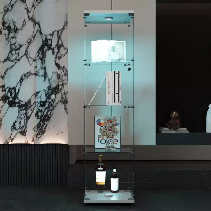 Vitrine en verre avec lumières LED, 4 étagères et porte, vitrine sur pied 164,3x42,4x36,3 cm, salon, chambre, bureau, blanc