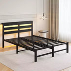 MAYEERTY Full Size Metal Wooden Headboard Bed Frame RGB Lights Outlets Charger Storage Shelf Noise Free No Box Spring Needed