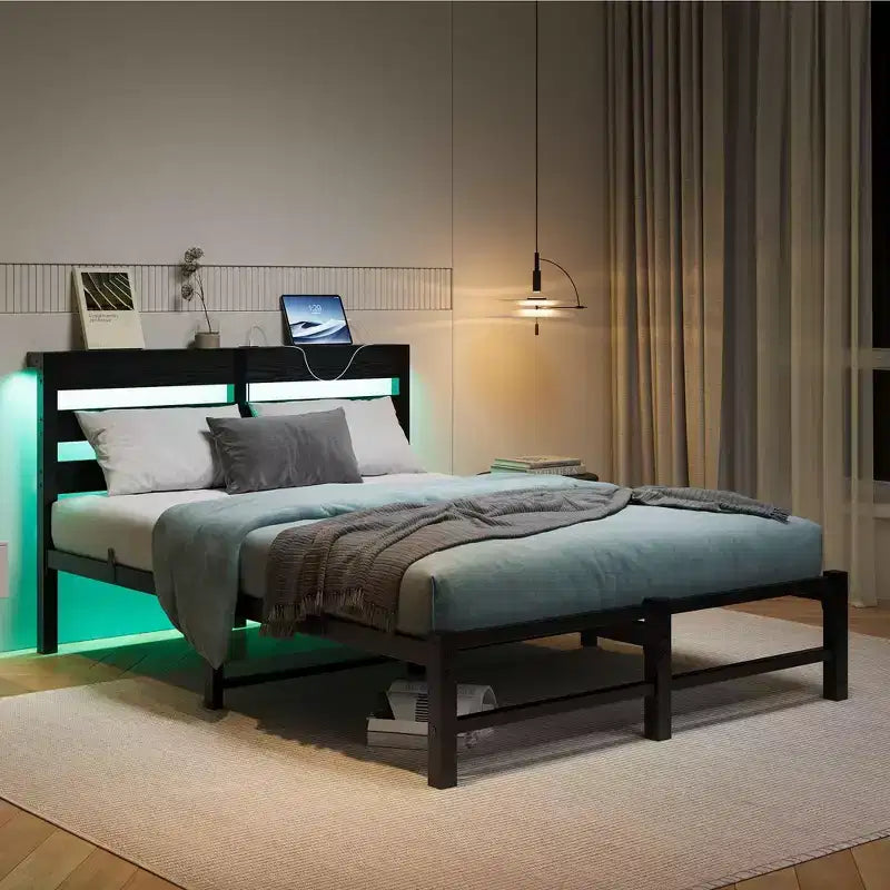Cadre de lit en métal et bois pleine grandeur avec tête de lit lumières RVB prises de courant chargeur étagère de rangement sans bruit sans sommier tapissier