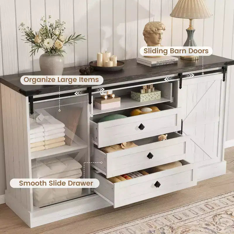 Commode de ferme 59 avec portes coulissantes, meuble TV à 4 tiroirs et coffre de rangement pour chambre ou salon