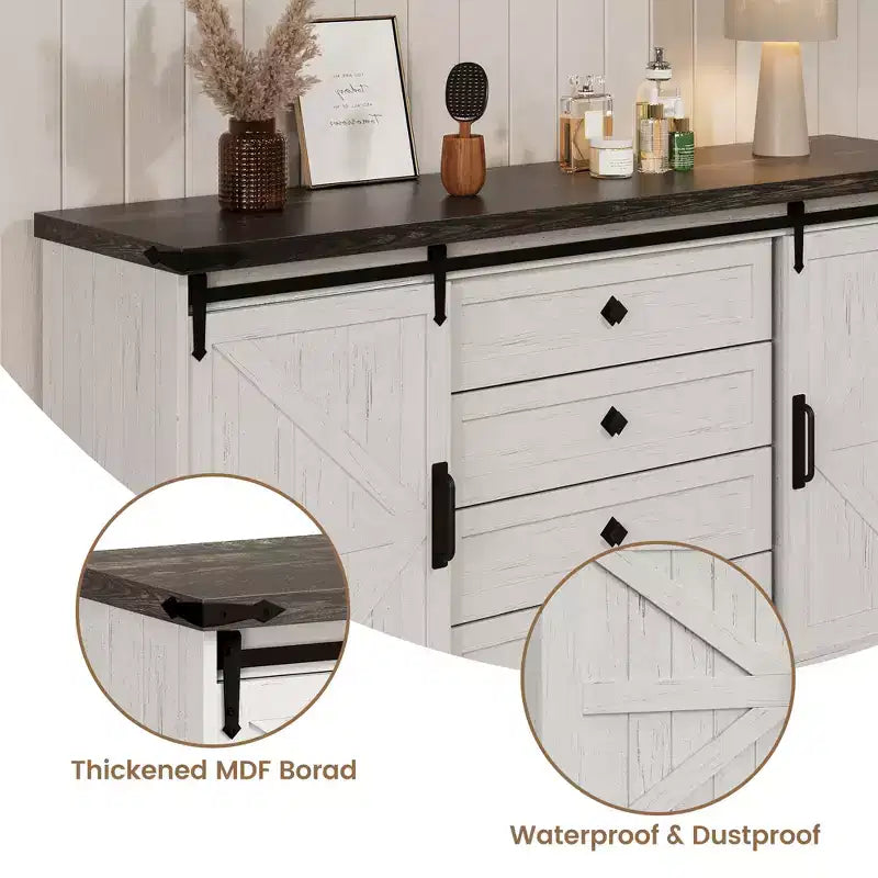 Commode de ferme 59 avec portes coulissantes, meuble TV à 4 tiroirs et coffre de rangement pour chambre ou salon