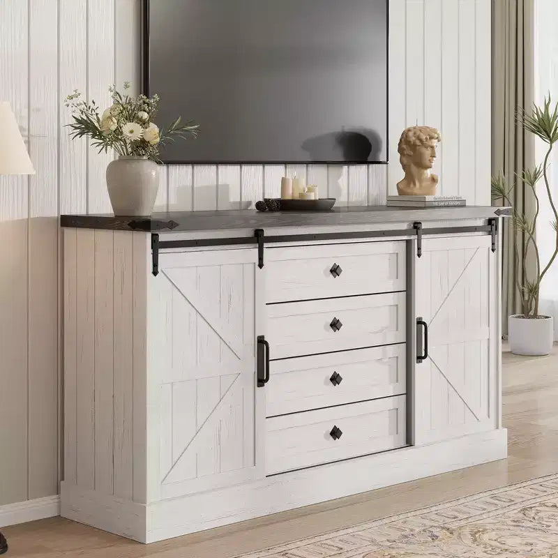 Commode de ferme 59 avec portes coulissantes, meuble TV à 4 tiroirs et coffre de rangement pour chambre ou salon