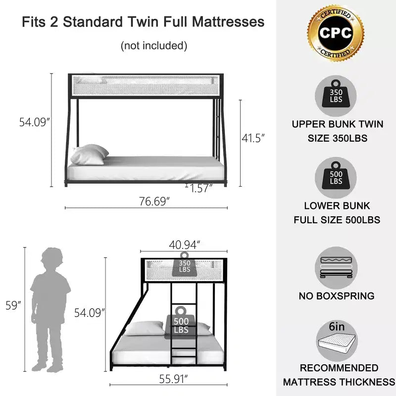 Lit superposé moderne en métal avec barrière de sécurité grillagée, profil bas et échelle