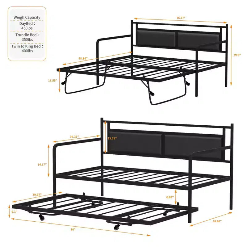Cadre de lit de repos en métal une place avec lit gigogne relevable et station de charge avec tête de lit de rangement rembourrée et lumières LED