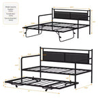 Cadre de lit de repos en métal une place avec lit gigogne relevable et station de charge avec tête de lit de rangement rembourrée et lumières LED