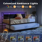Cadre de lit de repos en métal une place avec lit gigogne relevable et station de charge avec tête de lit de rangement rembourrée et lumières LED