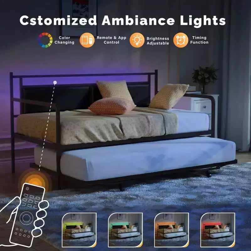 Cadre de lit de repos en métal une place avec lit gigogne relevable et station de charge avec tête de lit de rangement rembourrée et lumières LED